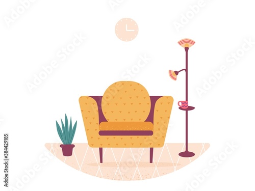 Interior design home. Modern sofa armchair, plant and floor lamp