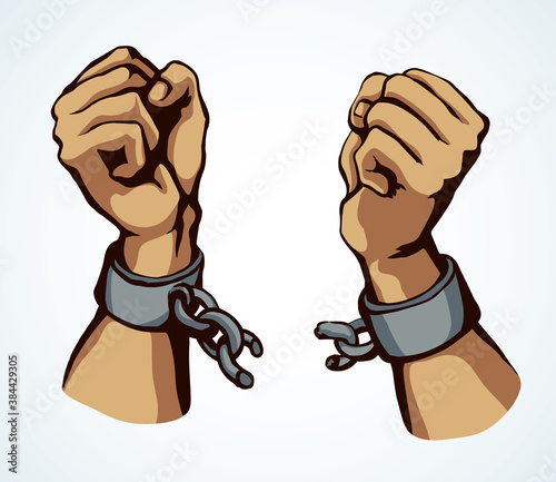 Hands tearing shackles. Vector drawing