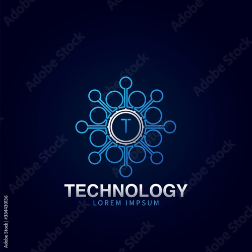 Letter T initial logotype, Digital abstract Technology Science dot molecule vector logo template