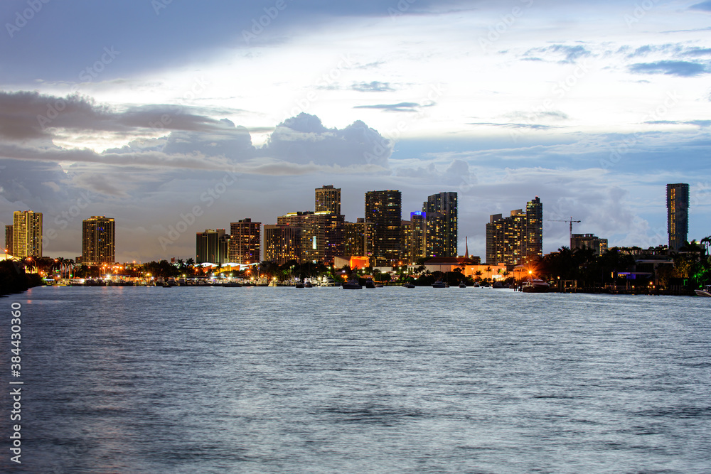 Miami night downtown, city Florida. Beautiful Miami Florida skyline at sunset.