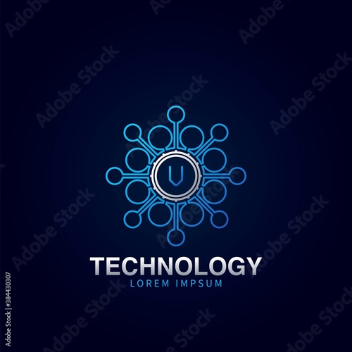 Letter V initial logotype, Digital abstract Technology Science dot molecule vector logo template