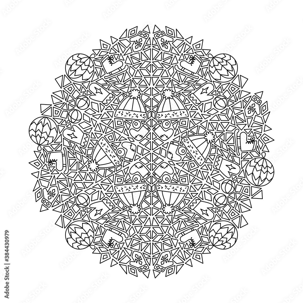 Mandala flower coloring book page raster for adults. Abstract line art design or coloring page. Circular pattern with flower.