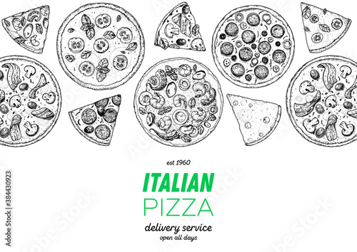 Italian Pizza. Top view. Design template. Pizza sketch. Hand drawn illustration. Different pizza. Packaging or menu. Black and white
