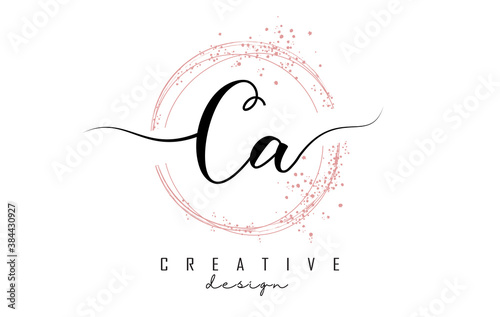 Handwritten CA C A letter logo with sparkling circles with pink glitter.