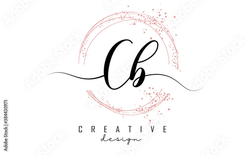 Handwritten CB C B letter logo with sparkling circles with pink glitter.