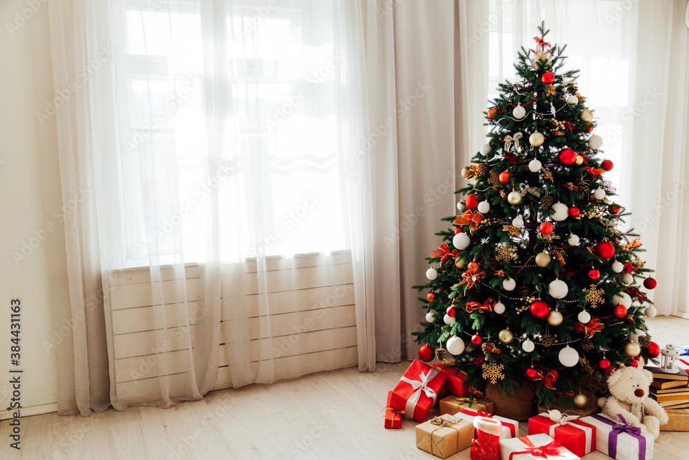 Christmas tree with decor gifts for new year interior holiday