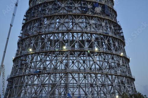 Construction of a large metal cooling tower. Metal carcass. Metal cooling tower.