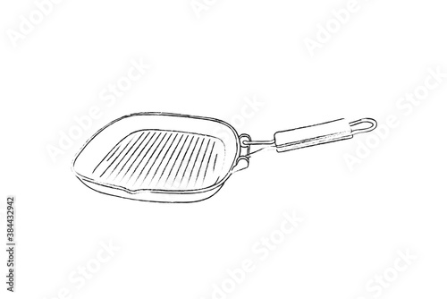 Vector hand drawn illustration of Griddle pan in vintage engraved style.