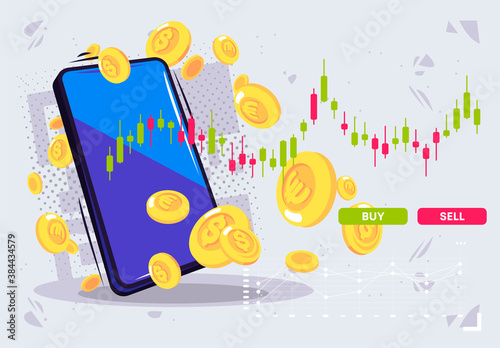 Vector illustration of a smartphone with an exchange chart of sales and purchases of financial assets with gold coins of world currencies, trading, stock market, trading on a financial exchange using 