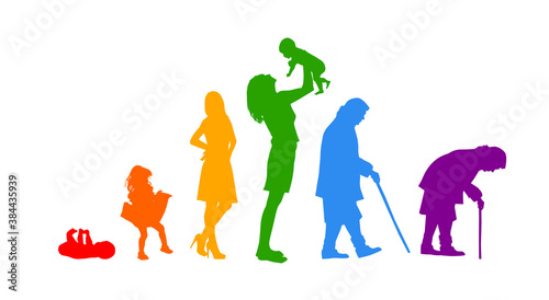 Silhouettes of people. The cycle of life. Silhouettes of women from birth to old age. Vector illustration