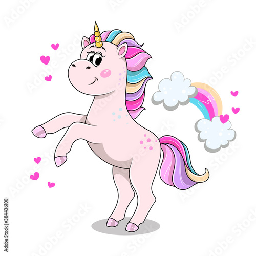 Cute cartoon unicorn standing on its hind hooves. Flat cartoon vector illustration isolated on white background