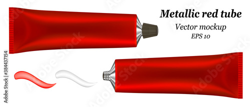 3d illustration of metallic red tube. Ointment. Salve. Glue tube. Oil or acrylic paint smear. Vector mockup.