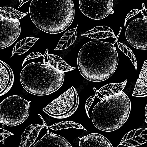 Citrus seamless pattern. Hand drawn vector illustration. Mandarin and orange sketch background. Vintage design template.