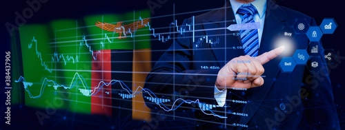 Businessman touching data analytics process system with KPI financial charts, dashboard of stock and marketing on virtual interface. With Zambia flag in background.