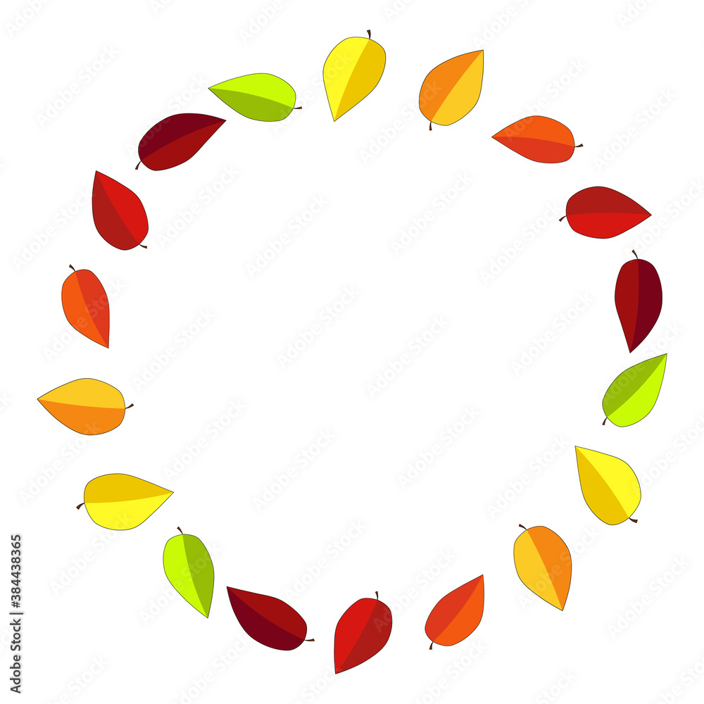 Autumn leaves wreath with copy space. Autumnal circular frame full of leaf. Seasonal circle illustration for invitation. Colorful round shape for garland design. Ornamental thanksgiving backdrop. Autumn leaves wreath with copy space. Autumnal circular frame full of leaf. Seasonal circle illustration for invitation. Colorful round shape for garland design. Ornamental thanksgiving backdrop.