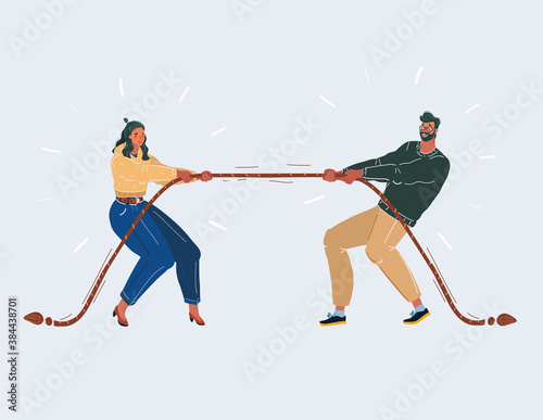 Vector illustration of tug-of-war man and woman on white background.