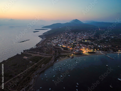 Aerial panoramic view of Methoni city at dusk in Messinia, Greece photo