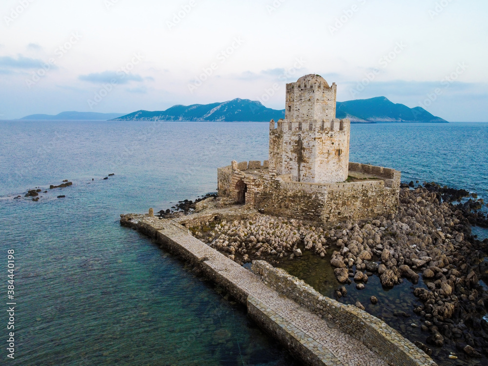 Aerial panoramic view of the Bourtzi tower in Methoni Venetian Fortress, Greece
