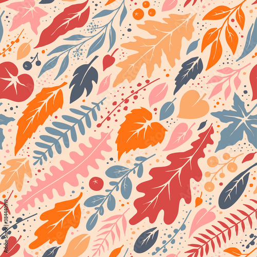 Seamless autumn pattern from hand-painted leaves and twigs