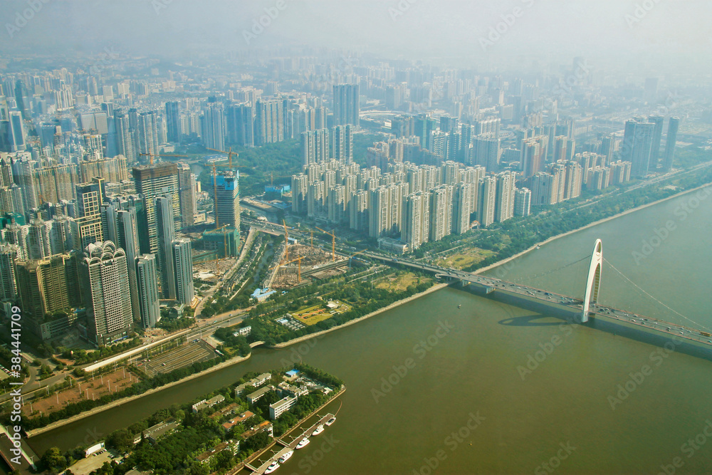 Guangzhou town and Pearl river view from windows of Canton tower