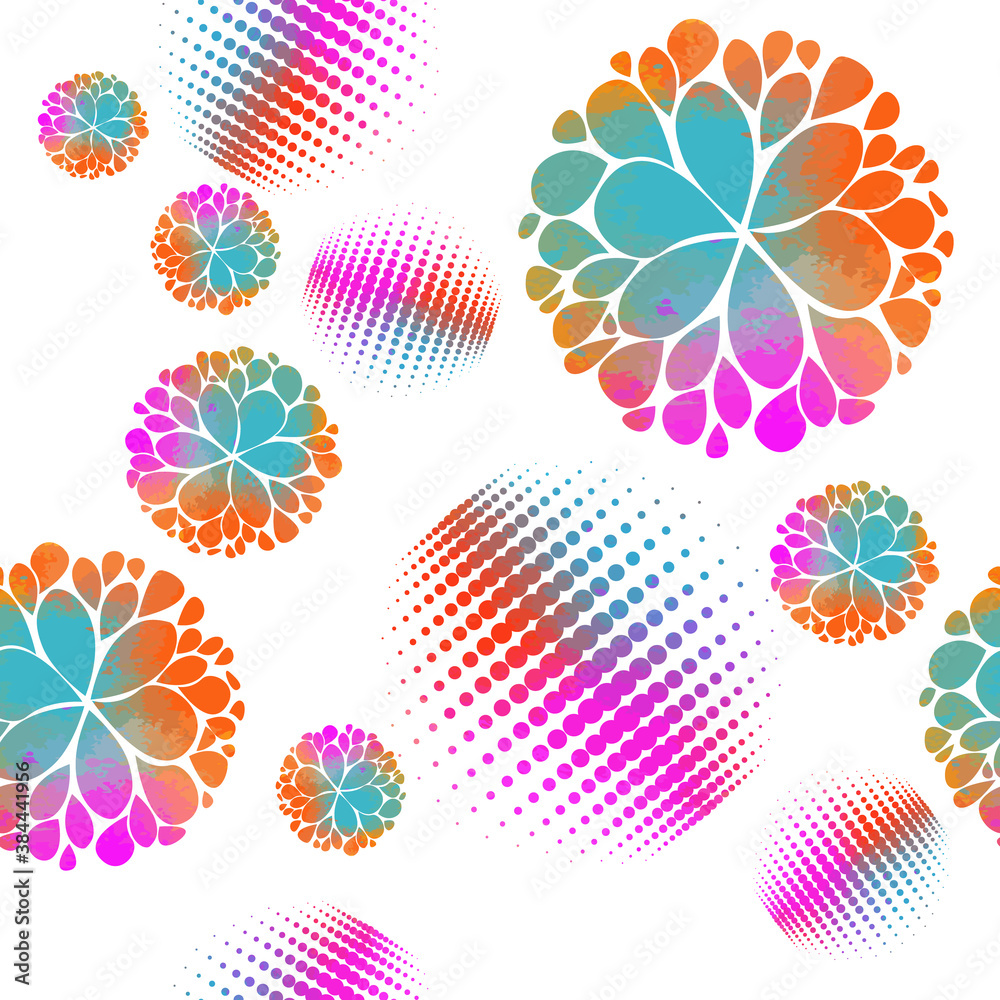 A seamless abstract background of multicolored circles and round flowers. Vector illustration