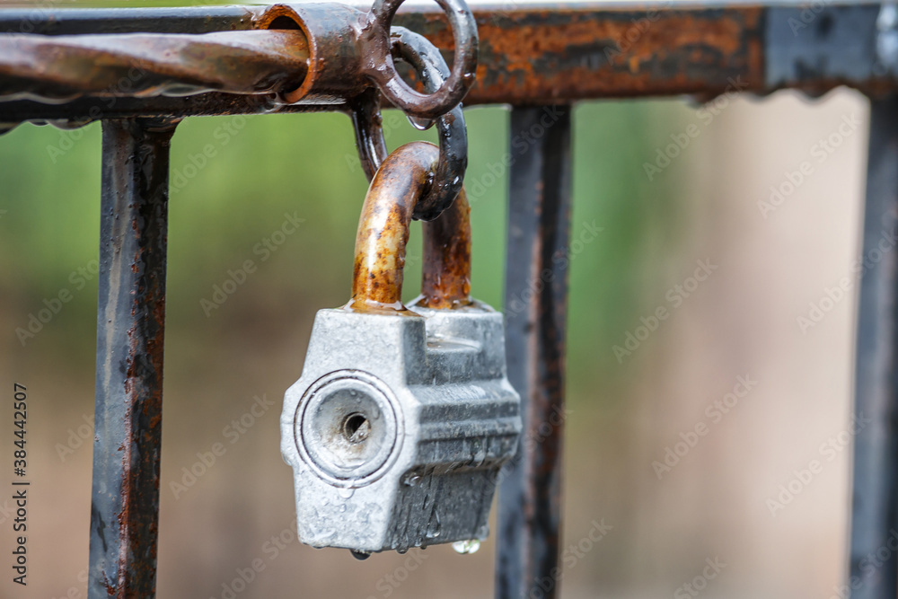 Rusty padlock on the door. Closed old locked gate. Closed lock on the grating fence Rusty padlock on the door. Closed old locked gate. Closed lock on the grating fence