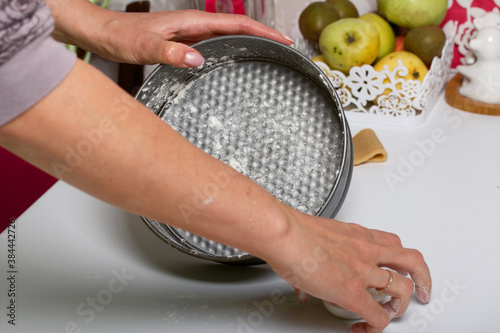 Woman sprinkles flour on a baking dish. Levington cake, stages of preparation. photo