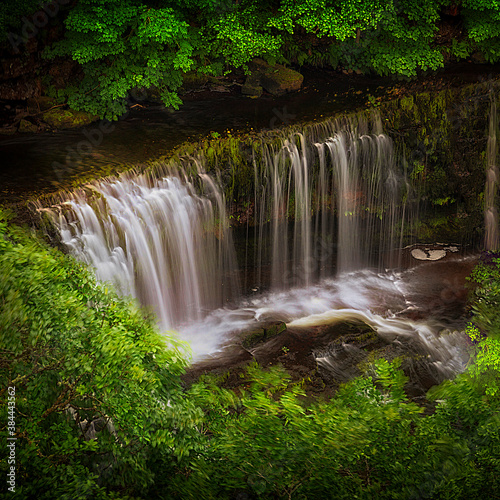 Seen from the viewing point above the top section of Sgwd Clun Gwyn from the west bank  on the Mellte river  near Pontneddfechan in South Wales  UK. 