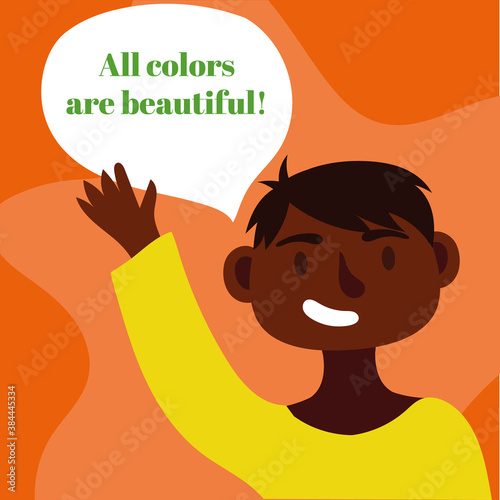all colors are beautiful lettering with afro man speaking