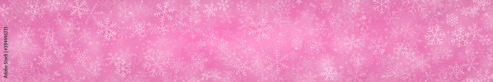 Christmas banner of snowflakes of different shapes, sizes and transparency on pink background Christmas banner of snowflakes of different shapes, sizes and transparency on pink background