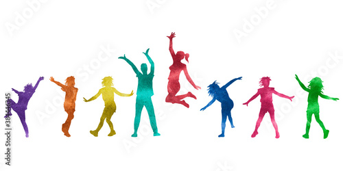 Multicolor textured silhouettes of young dancing people, isolated on the white background