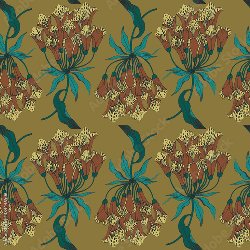 Seamless botanical mustard pattern with green leaves and caldas bomarea flowers