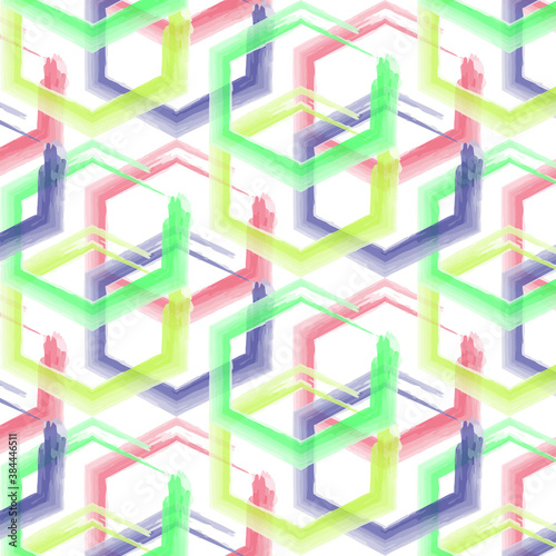 Watercolor poligon, hexagon background. White banner, post, advertisement. Pink, blue, yellow, green striped vector illustration.