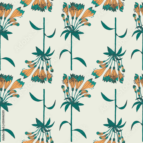 Seamless botanical light pattern with green-orange alstroemeria flowers