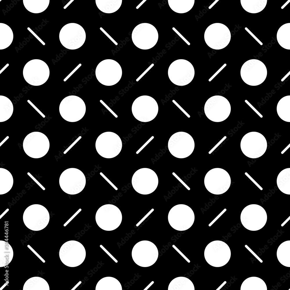 Circles, diagonal strokes seamless pattern. Dots, dashes print. Dot shapes, lines ornament. Circular, linear figures wallpaper. Rounds, stripes background. Abstract vector. Dotted, dashed backdrop