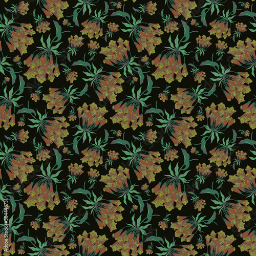 Seamless botanical dark pattern with green leaves and mustard bomarea caldas flowers