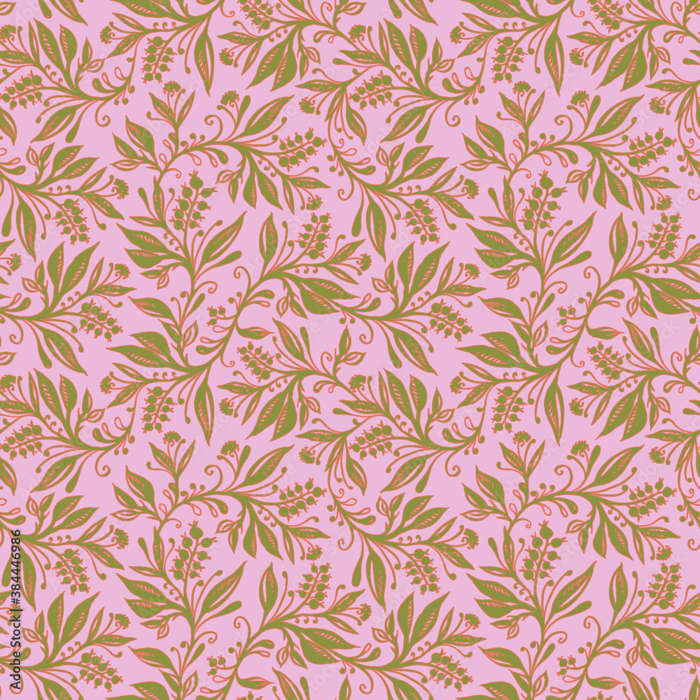 Floral seamless pattern with leaves and berries in coral, pink and chartreuse green colors, hand-drawn and digitized. Design for wallpaper, textile, fabric, wrapping, background. Floral seamless pattern with leaves and berries in coral, pink and chartreuse green colors, hand-drawn and digitized. Design for wallpaper, textile, fabric, wrapping, background.