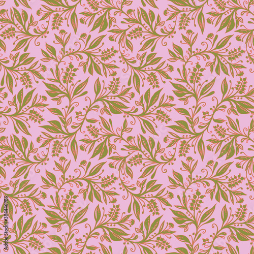 Floral seamless pattern with leaves and berries in coral  pink and chartreuse green colors  hand-drawn and digitized. Design for wallpaper  textile  fabric  wrapping  background.