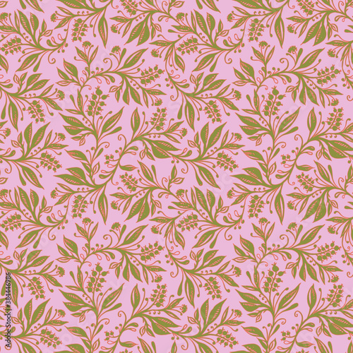 Wallpaper Mural Floral seamless pattern with leaves and berries in coral, pink and chartreuse green colors, hand-drawn and digitized. Design for wallpaper, textile, fabric, wrapping, background. Torontodigital.ca