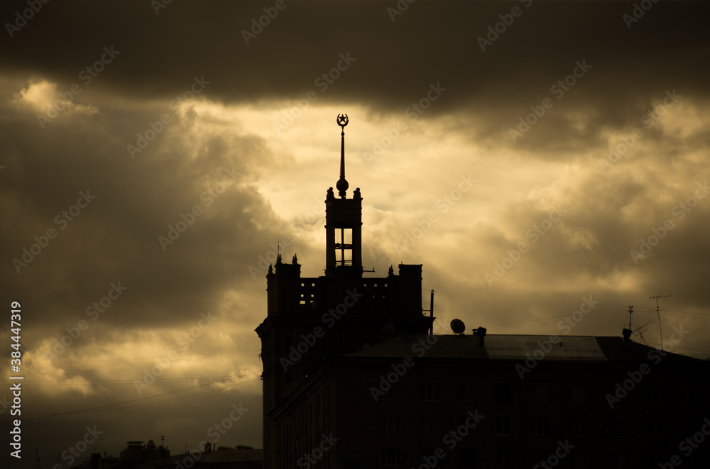 House with a spire in the Stalinist Empire style in the center of kharkov