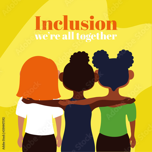 Inclusion concept lettering with girls back characters