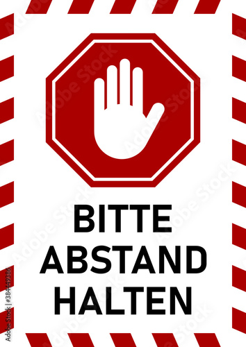 Bitte Abstand Halten ("Please Keep Your Distance" in German) Vertical Social Distancing Instruction Sign with Text, Stop Hand Sign and Stripes Frame. Vector Image.