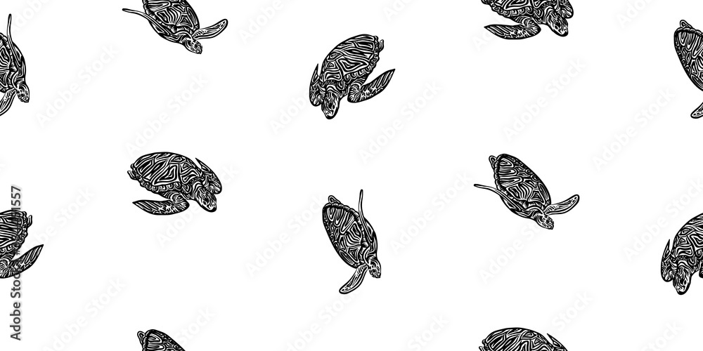 Fototapeta premium Hand drawn swimming ornate turtle seamless pattern. Vector black ink drawing animal background. Graphic illustration