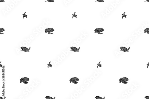 Swimming ornate turtles seamless pattern. Vector black ink drawing animal background. Hand drawn graphic illustration © Ekaterina