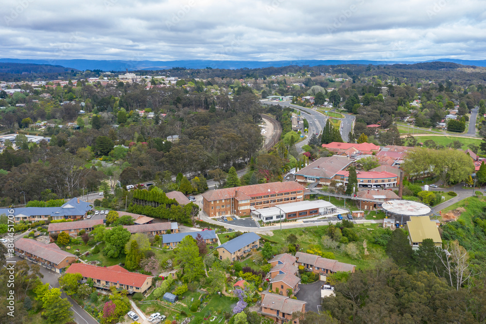Aerial view of the township of Katoomba in regional New South Wales in Australia