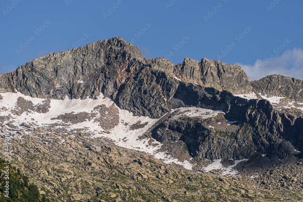 The mountains and nature of the Anzasca valley, One of the most beautiful valleys in the Alps, near the town of Macugnaga, Italy - July 2020.