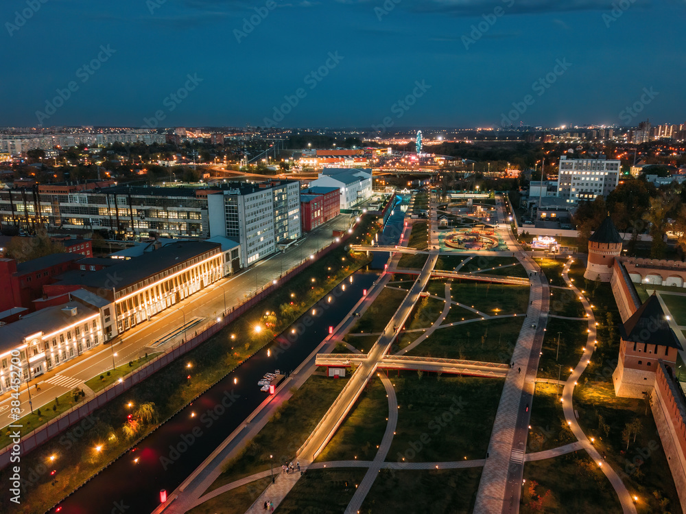 Fototapeta premium Tula embankment, promenade in the Park at night, aerial view from drone