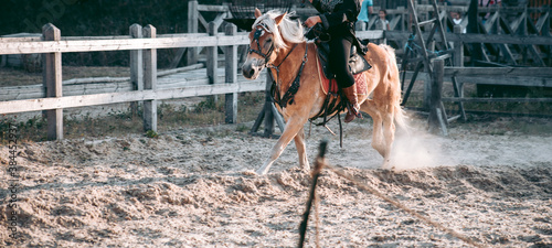 Man on horseback in medieval clothes photo