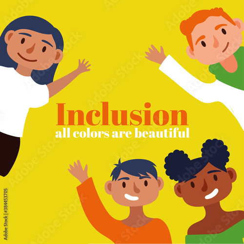 Inclusion concept lettering with community people characters