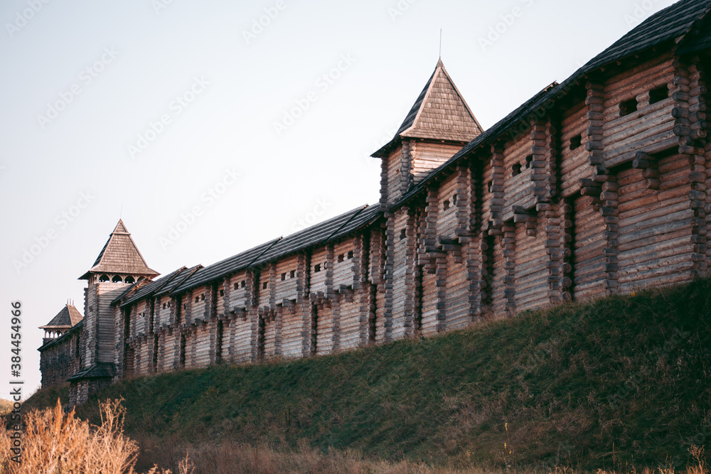 View of the wooden medieval fortress in the afternoon